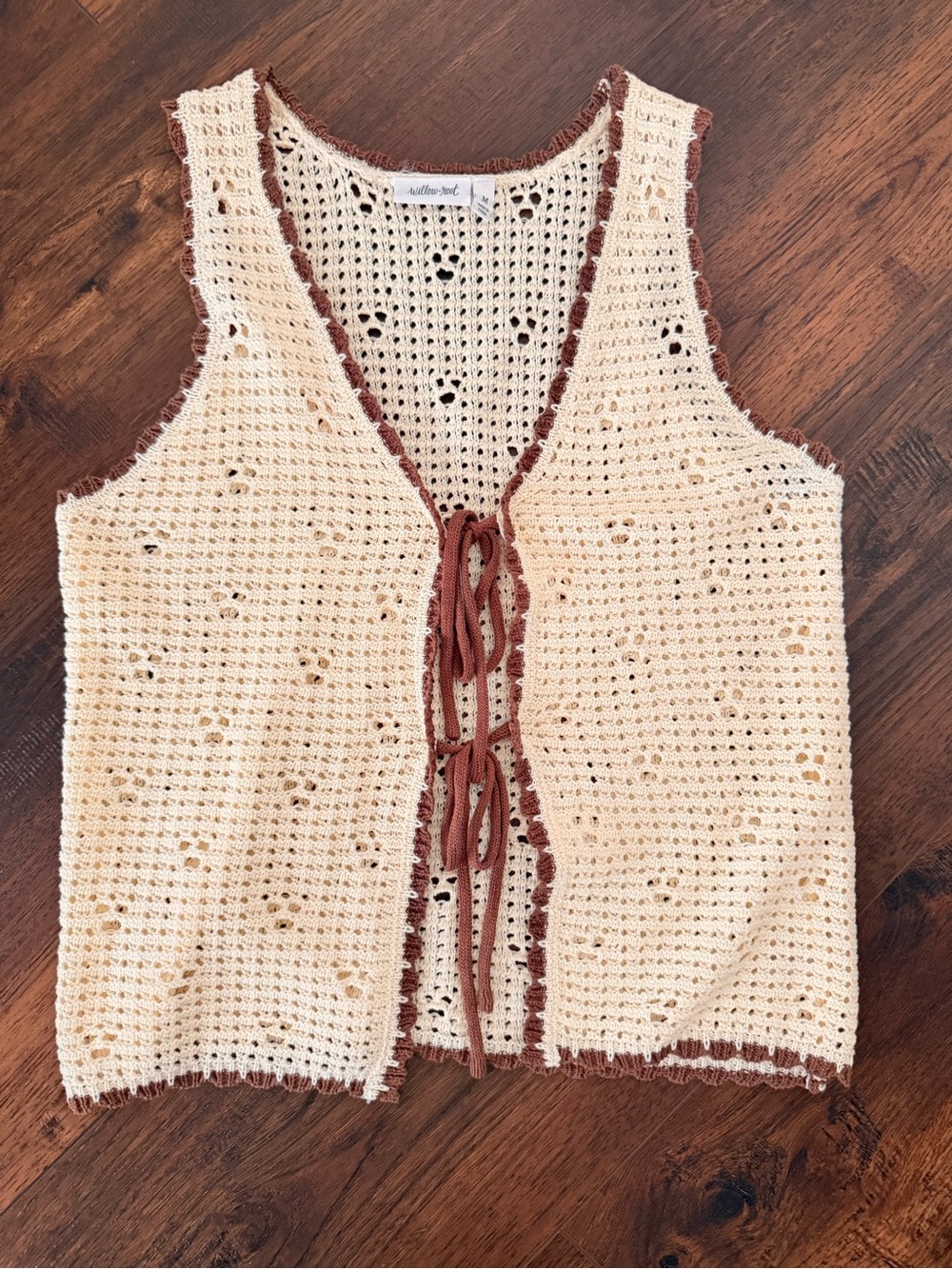 Hand-Crocheted Tie-Front Tank Vest in Cream with Brown Trim